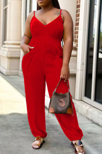 Red Sexy Solid Patchwork Spaghetti Strap Plus Size Jumpsuits