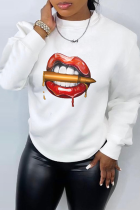 White Street Lips Printed Patchwork O Neck Tops