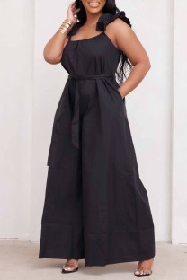 Black Sexy Casual Solid Frenulum Backless U Neck Plus Size Jumpsuits