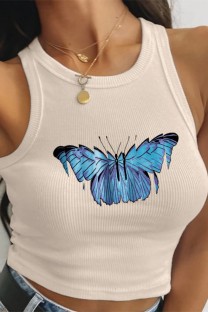 Cream White Casual Butterfly Print Basic O Neck Tops