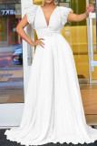 White Elegant Solid Patchwork Fold With Belt V Neck Straight Jumpsuits