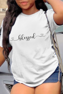 White Casual Print Letter O Neck T-Shirts