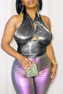 Silver Gray Sexy Street Solid Bandage Patchwork Halter Tops