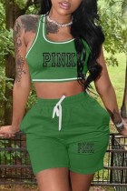 Green Casual Print Letter U Neck Sleeveless Two Pieces
