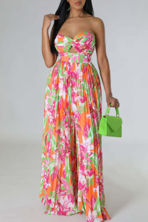 Orange Green Sexy Print Patchwork Fold Strapless Straight Jumpsuits
