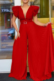 White Elegant Solid Patchwork Fold With Belt V Neck Straight Jumpsuits