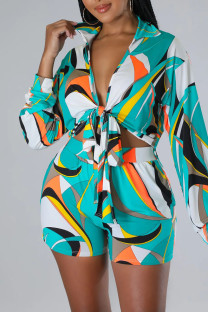 Multicolor Vacation Print Bandage Patchwork Long Sleeve Two Pieces