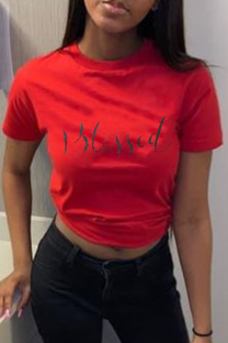 Red Casual Print Patchwork Letter O Neck T-Shirts