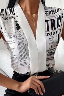 White Black Casual Print Patchwork V Neck Tops
