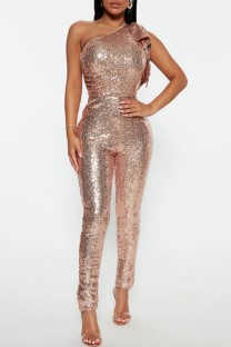 Champagne Casual Patchwork Sequins Oblique Collar Skinny Jumpsuits