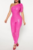 Champagne Casual Patchwork Sequins Oblique Collar Skinny Jumpsuits