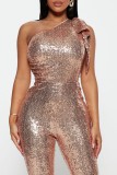 Champagne Casual Patchwork Sequins Oblique Collar Skinny Jumpsuits
