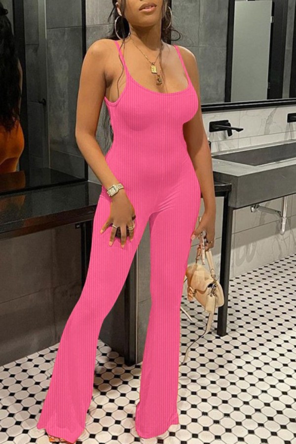 Rose Red Sexy Casual Solid Backless Spaghetti Strap Skinny Jumpsuits
