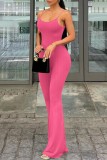 Rose Red Sexy Casual Solid Backless Spaghetti Strap Skinny Jumpsuits