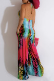 Rose Red Blue Sexy Print Patchwork Halter Straight Jumpsuits