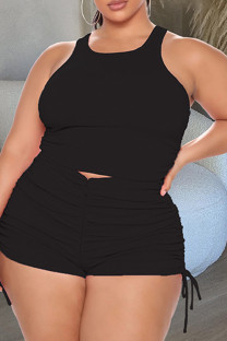 Black Casual Solid Fold O Neck Plus Size Two Pieces