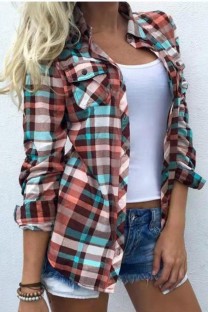 Red Casual Plaid Print Cardigan Shirt Collar Tops