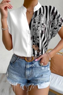 White Casual Print Patchwork V Neck Tops