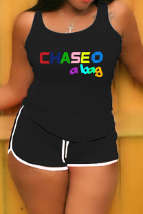 Black Casual Print Patchwork Letter O Neck Plus Size Two Pieces