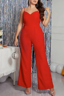 Red Sexy Casual Solid Backless Spaghetti Strap Plus Size Jumpsuits