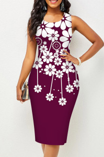 Red Casual Print Patchwork O Neck Pencil Skirt Dresses