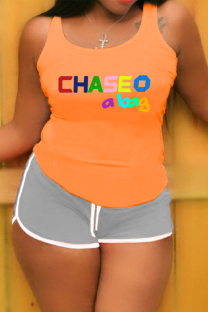 Orange Gray Casual Print Patchwork Letter O Neck Plus Size Two Pieces