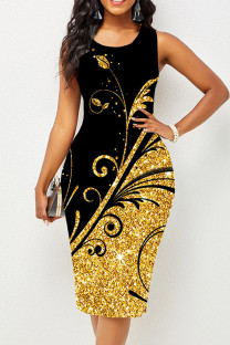 Gold Casual Print Patchwork O Neck Pencil Skirt Dresses