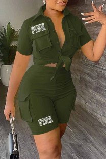 Army Green Casual Print Letter Turndown Collar Short Sleeve Two Pieces