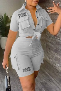 Grey Casual Print Letter Turndown Collar Short Sleeve Two Pieces