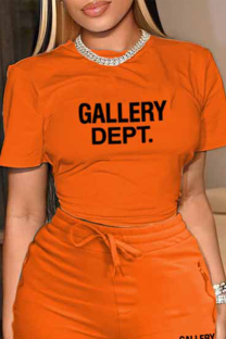 Orange Casual Daily Print Patchwork Letter O Neck T-Shirts