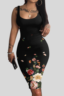 Black Casual Print Patchwork U Neck Vest Dress Dresses