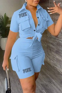 Sky Blue Casual Print Letter Turndown Collar Short Sleeve Two Pieces