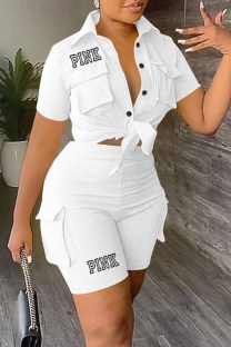 White Casual Print Letter Turndown Collar Short Sleeve Two Pieces