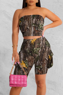 Black Gray Street Patchwork Pocket Zipper Strapless Sleeveless Two Pieces