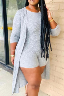 Grey Casual Solid Patchwork O Neck Plus Size Two Pieces