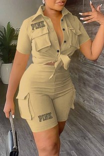 Khaki Casual Print Letter Turndown Collar Short Sleeve Two Pieces