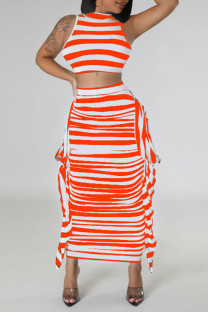 Tangerine Red Casual Striped Print Patchwork Flounce O Neck Sleeveless Two Pieces