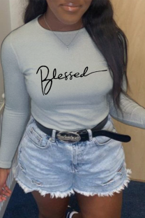 Grey Street Print Patchwork Letter O Neck Tops