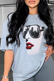 Grey Street Print Patchwork O Neck T-Shirts