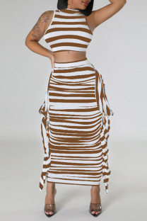 Khaki Casual Striped Print Patchwork Flounce O Neck Sleeveless Two Pieces