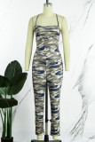 Blue Sexy Camouflage Print Bandage Backless Spaghetti Strap Skinny Jumpsuits