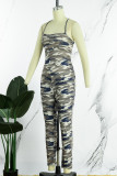 Blue Sexy Camouflage Print Bandage Backless Spaghetti Strap Skinny Jumpsuits