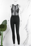 Black Sexy Patchwork See-through O Neck Skinny Jumpsuits