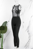 Black Sexy Patchwork See-through O Neck Skinny Jumpsuits