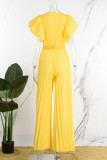 White Elegant Solid Patchwork Fold With Belt V Neck Straight Jumpsuits