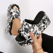 White Patchwork Printing Round Out Door Wedges Shoes (Heel Height 2.36in)