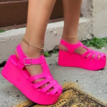 Rose Red Casual Hollowed Out Patchwork Solid Color Round Mesh Breathable Comfortable Wedges Shoes (Heel Height 2.76in)