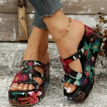 Black Casual Daily Hollowed Out Patchwork Printing Round Comfortable Out Door Wedges Shoes (Heel Height 2.36in)