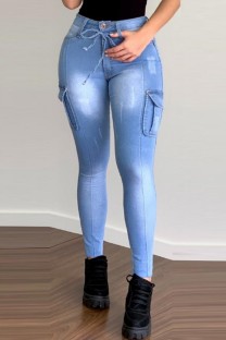Blue Casual Solid Patchwork High Waist Skinny Denim Jeans