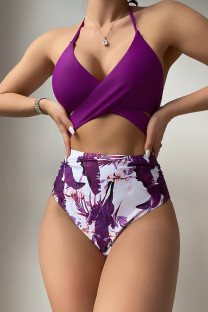 Purple Sexy Print Bandage Patchwork Backless Swimwears